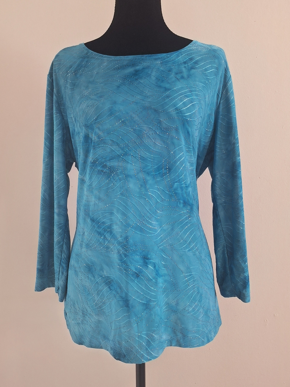 JM Collection Blue Wave-Print Top with Sparkle Detail